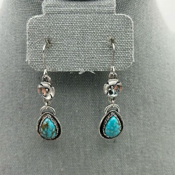 Boho Faux Turquoise Teardrop Long Dangle Earrings Floral Silver Tone Pierced - Picture 4 of 10